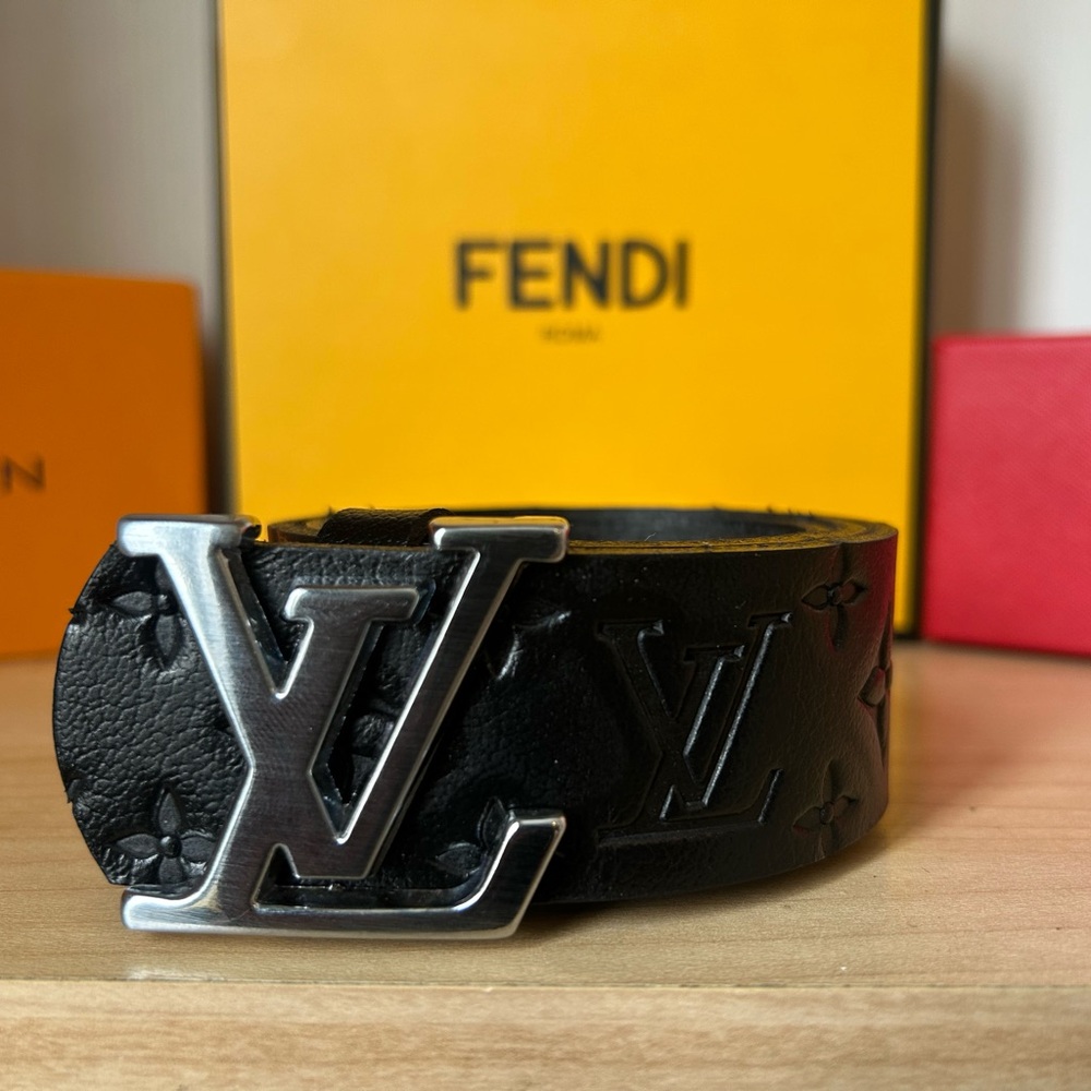 Louis Vuitton Black Monogram-Embossed Leather Belt with Silver LV Buckle